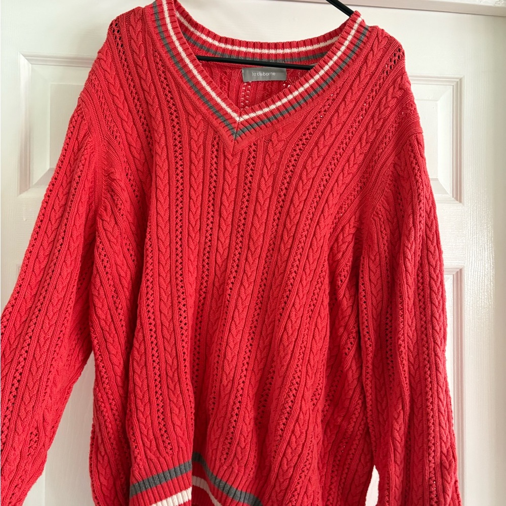 Liz Claiborne Vibrant Red Knit with Gray and Cream Stripes
